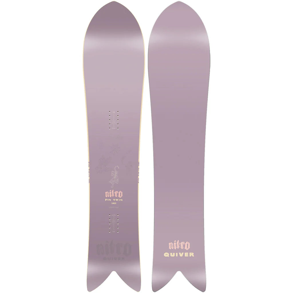 Nitro Fintwin Quiver Series snowboard on snow, showcasing the Nitro snowboard with graphic design and binding mounts visible.