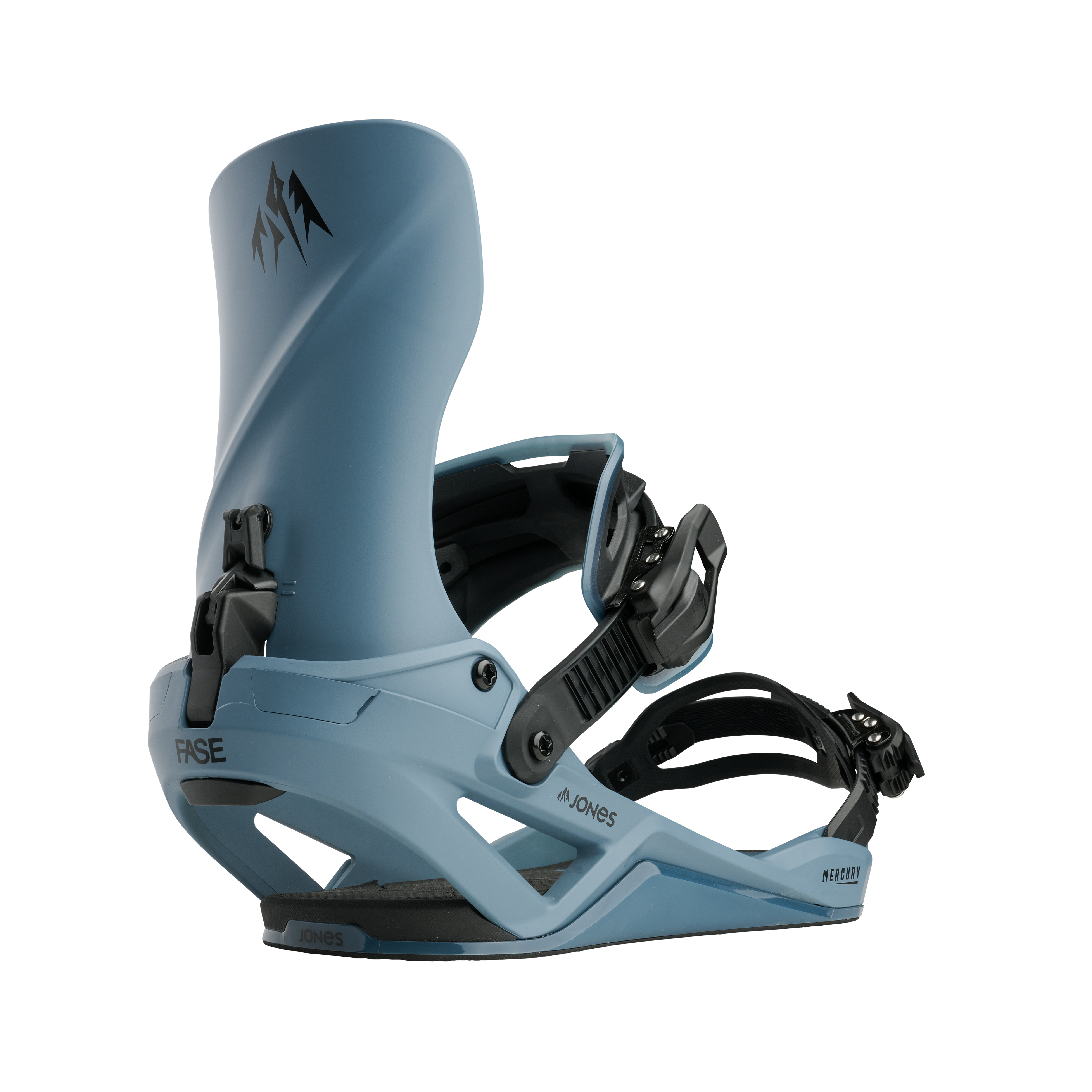 Jones Mercury Fase snowboard bindings in polar blue, featuring adjustable straps and high-performance design for snowboarding.