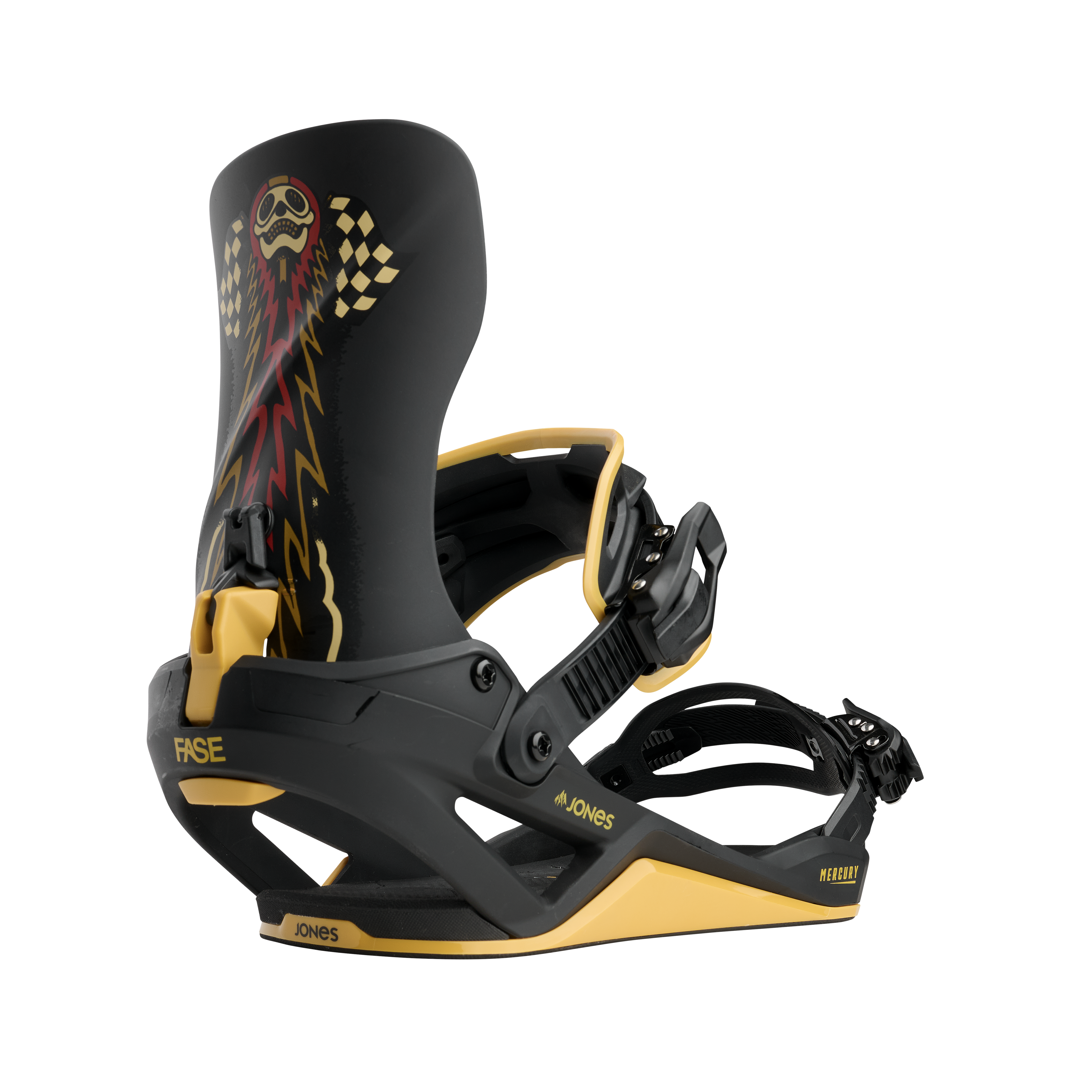 Jones Mercury Fase snowboard bindings for 2027 shown in black with adjustable straps and high-back support.