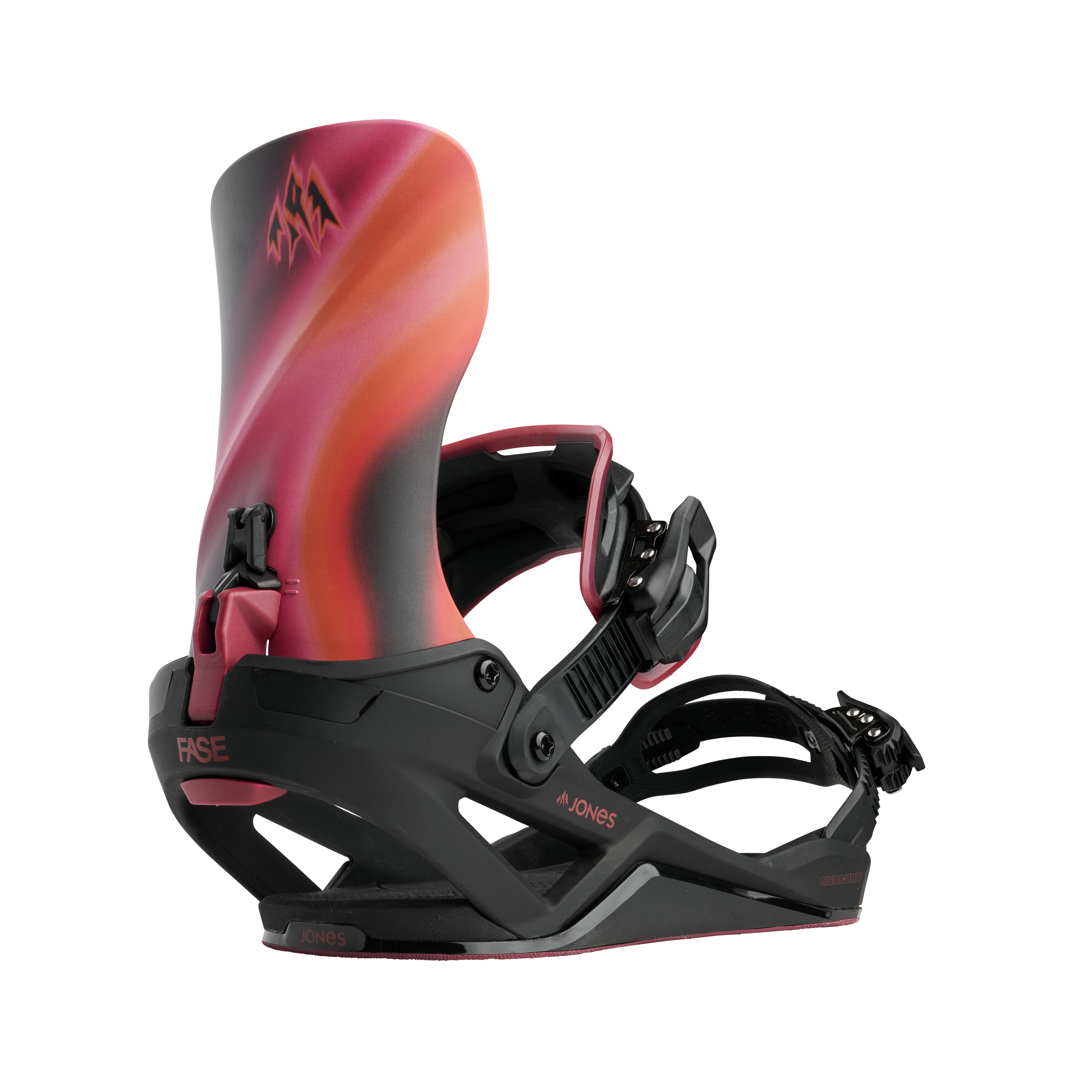 Jones Mercury Fase snowboard bindings in Borealis Black Pink, designed for snowboarding with adjustable straps and durable construction.