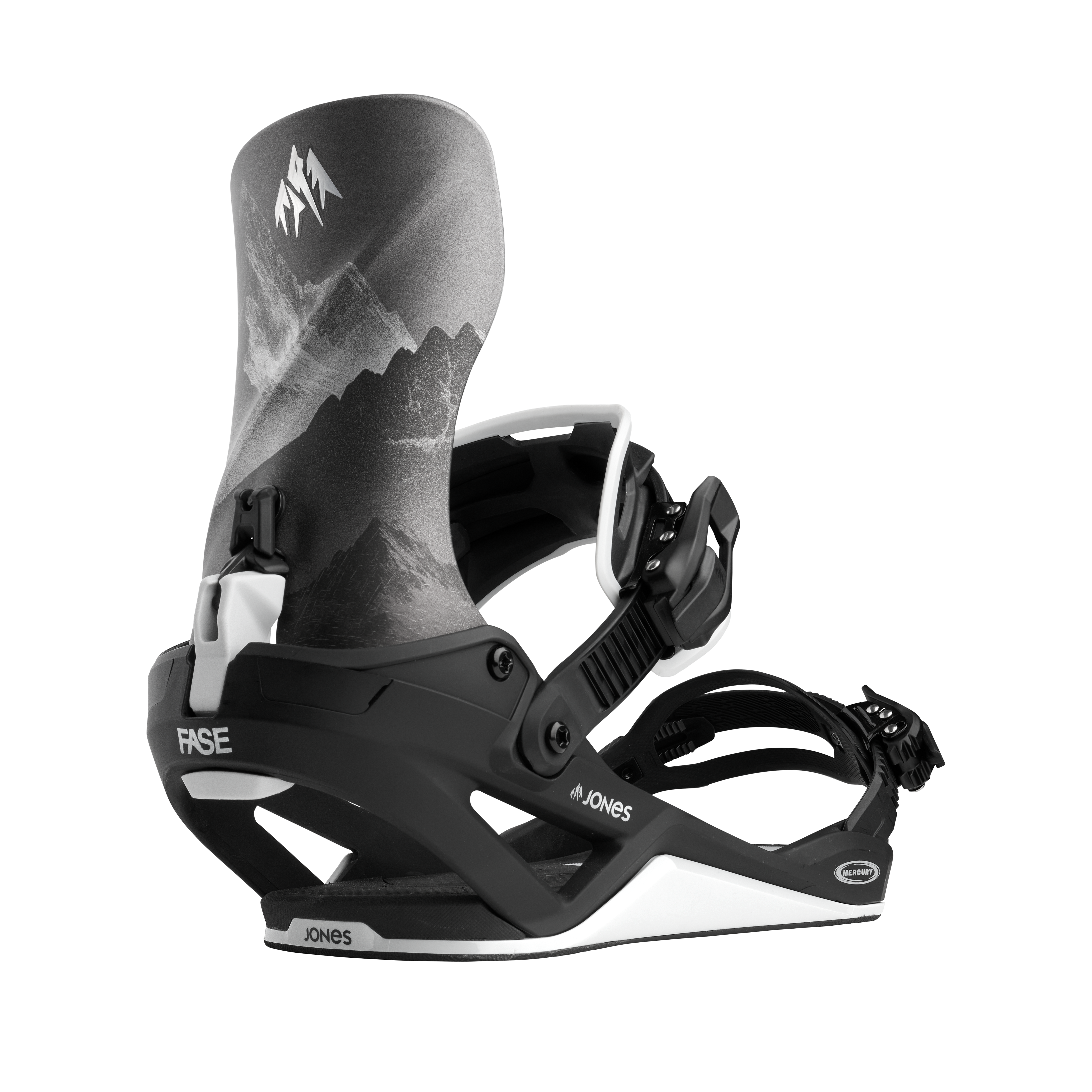 Jones Mercury Fase snowboard bindings for winter snowboarding, featuring a sleek design and durable construction.