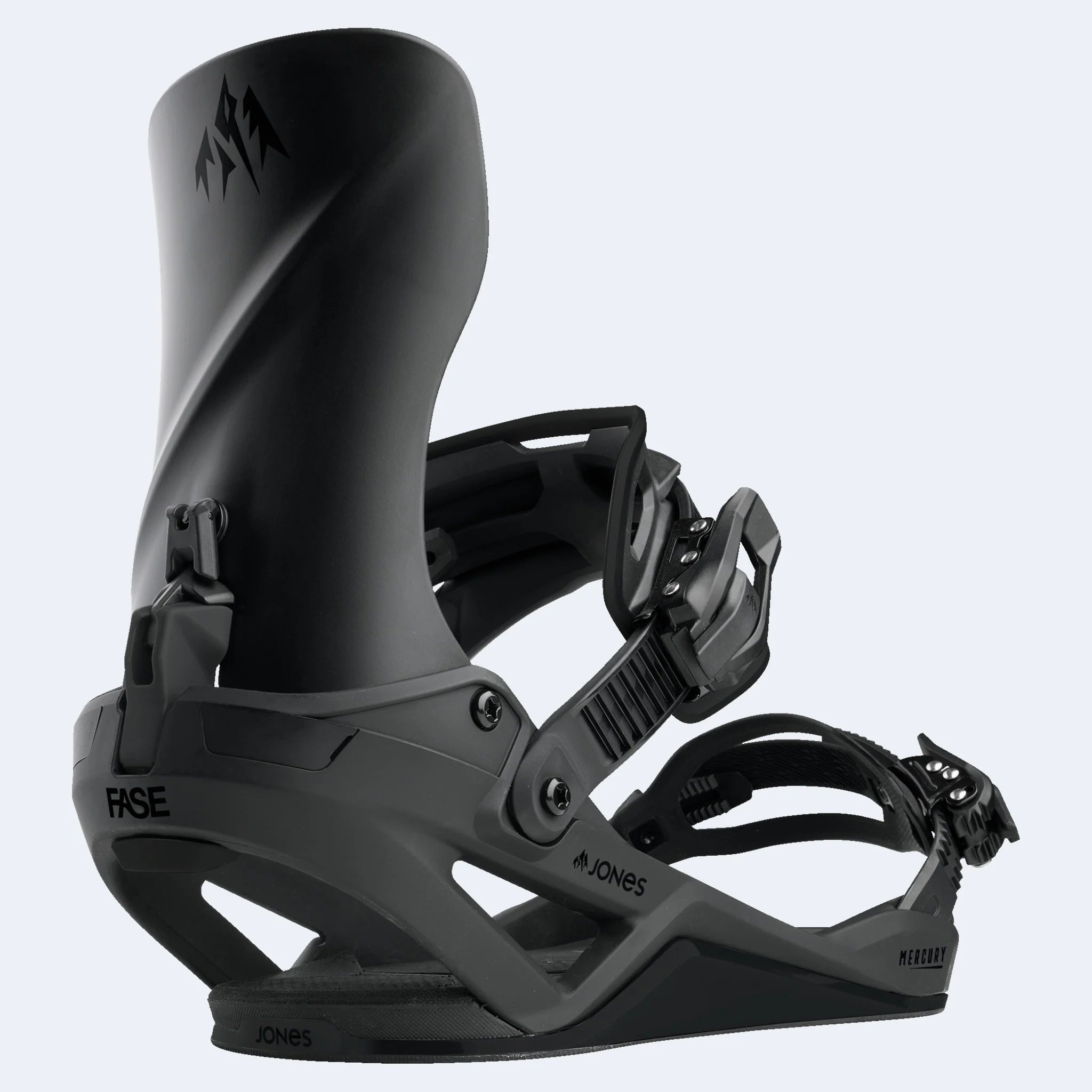 Jones Mercury Fase snowboard bindings in black, designed for snowboarding, with adjustable straps and high-performance features.