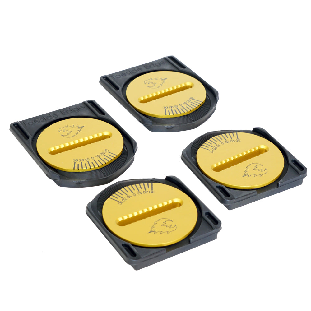 Spark R&D splitboard canted pucks for snowboarding, gold-colored, designed to improve stance and stability on splitboards.