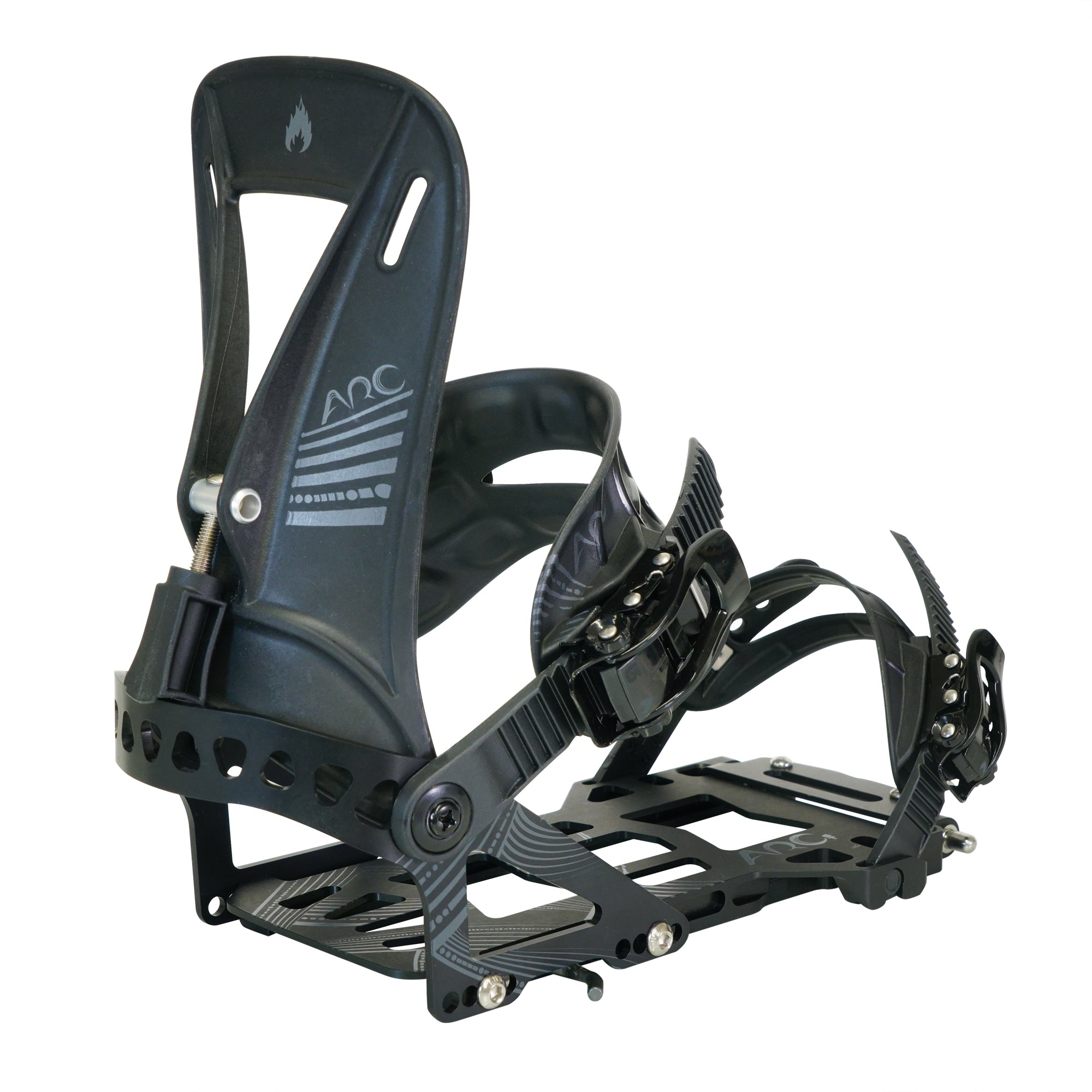 Spark R&D Arc ST splitboard bindings in black mounted on snowboard, rear view showing high-performance snowboarding gear.