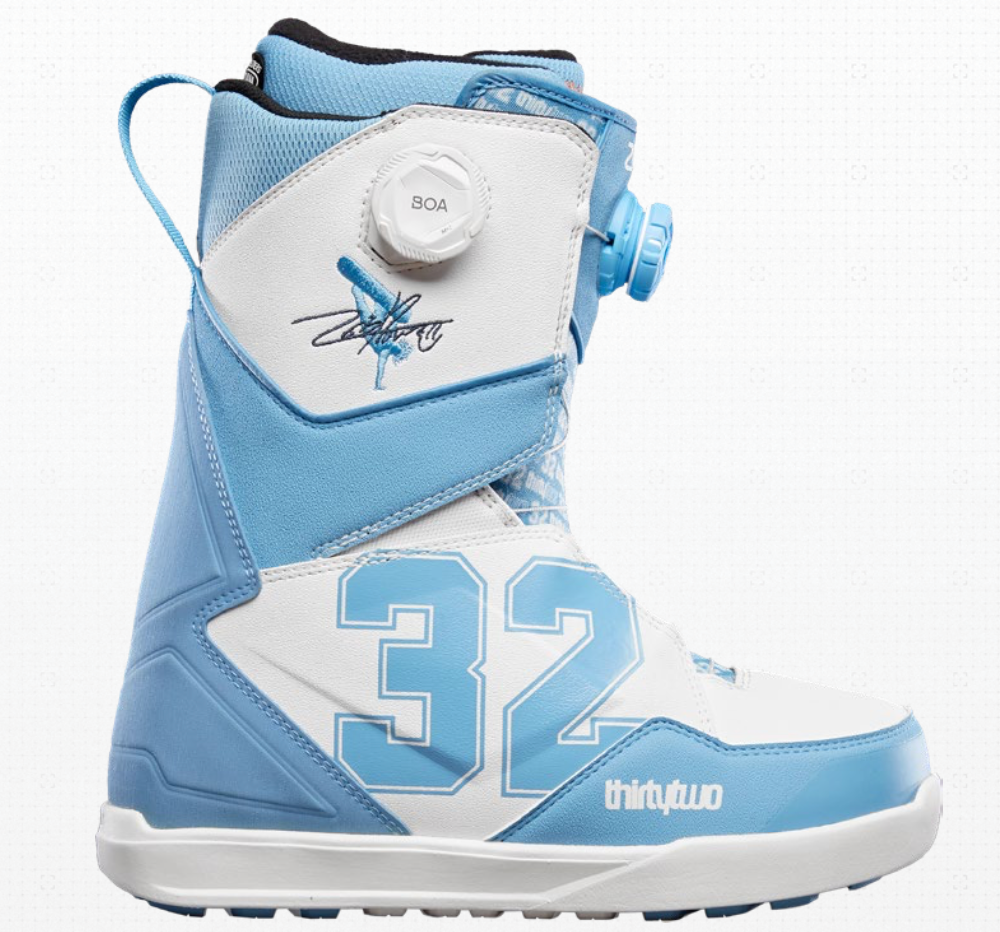 Blue and white 32 Thirty Two Lashed Double Boa Powell snowboard boots for men, featuring quick strike lacing system in 2024 style