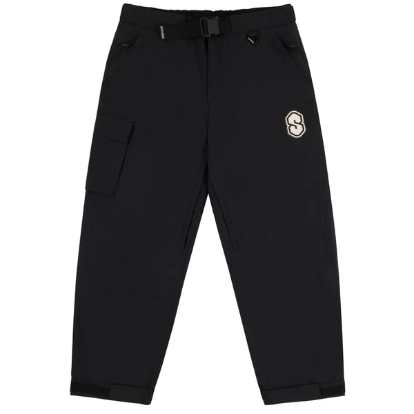 Men's black Souvenir 3 Ply Rip Stop Pant with durable fabric and relaxed fit, shown in a close-up view.
