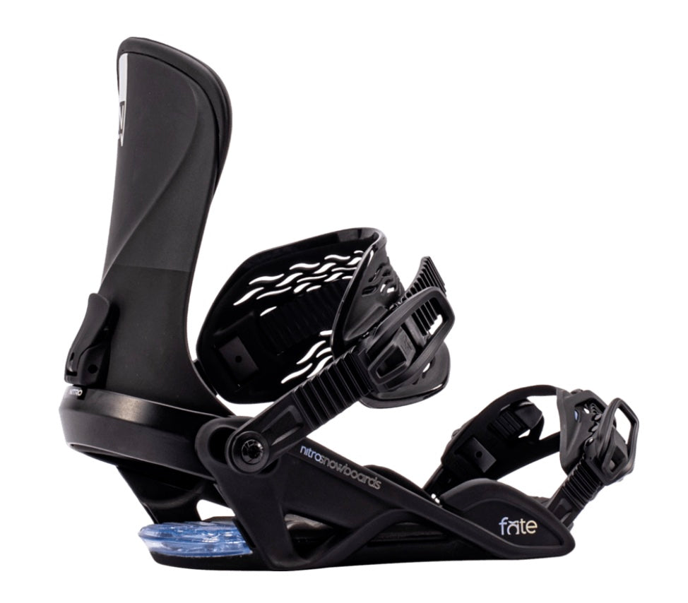 Nitro Fate snowboard bindings for snowboarding, featuring adjustable straps and durable construction, designed for all-mountain snowboarding.