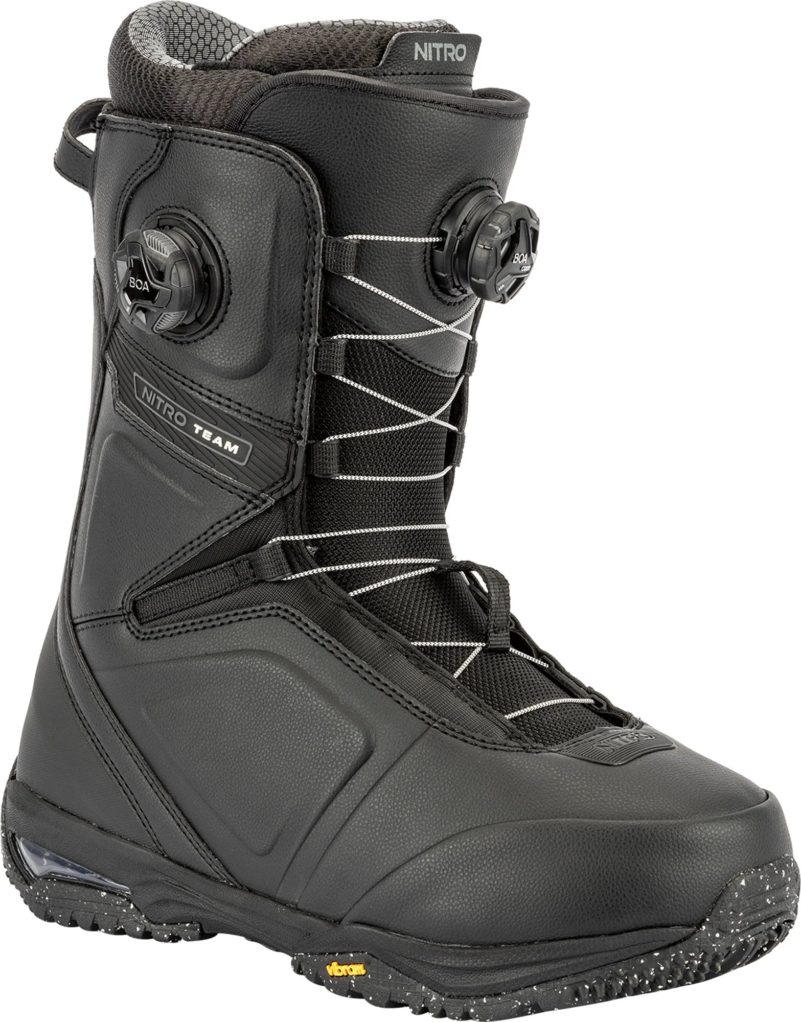 Black Nitro Team Boa Wide snowboard boots for men, featuring BOA lacing system and durable snowboarding design.