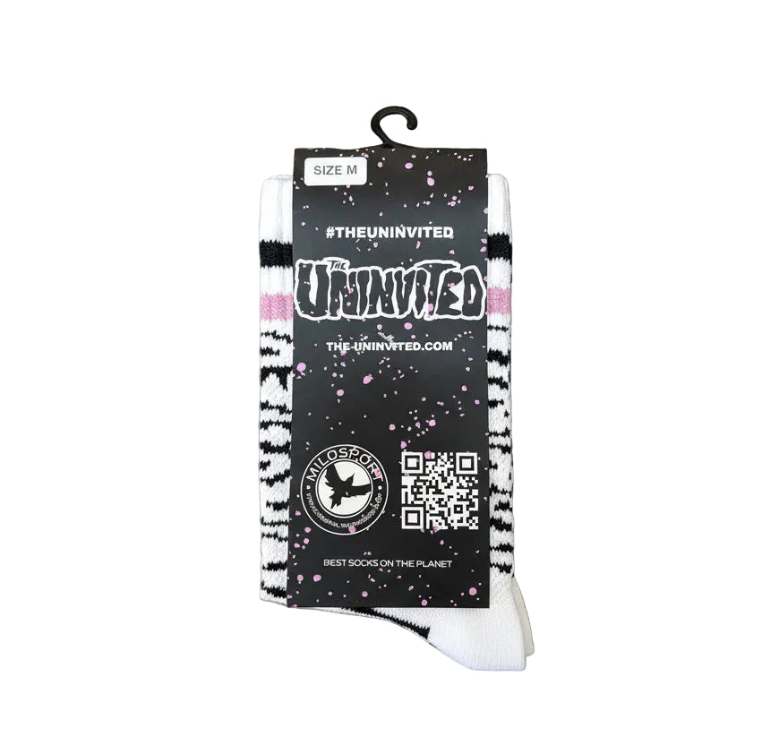 White men's Milosport x Uninvited sock with branding and logo details, designed for comfort and style.