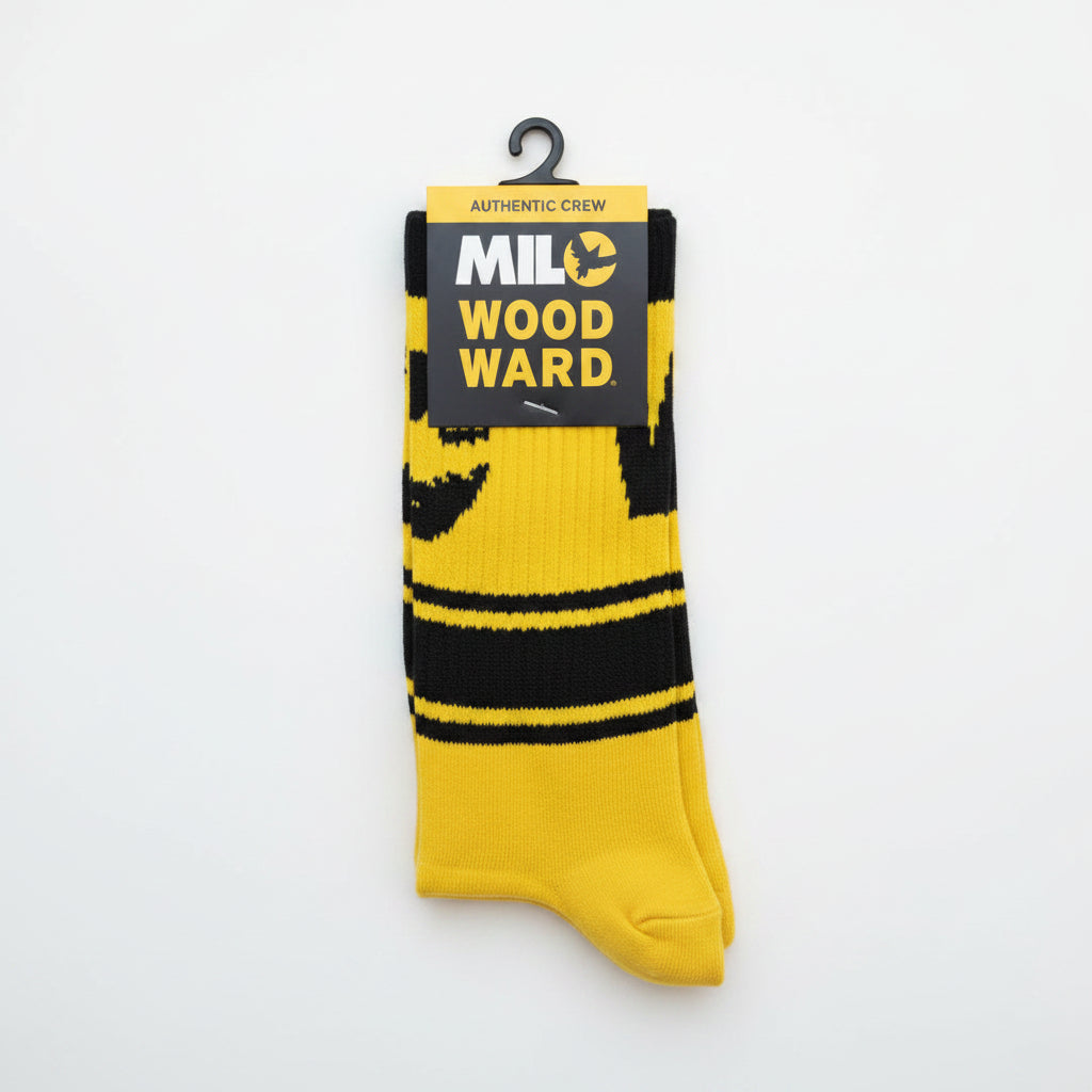 Men's Milosport x Woodward Authentic Crew Sock featuring a colorful design and comfortable fit, displayed on a plain background.
