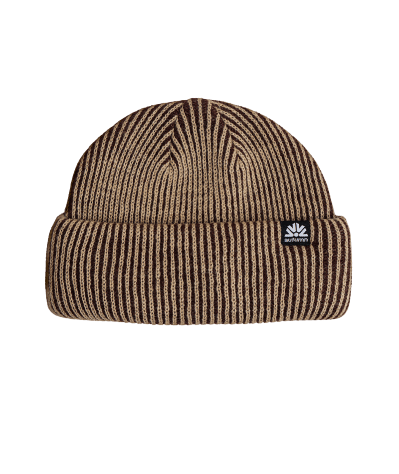 Autumn Cord Double Roll Beanie worn by men and women, featuring a stylish, cozy knit design in autumn hues.