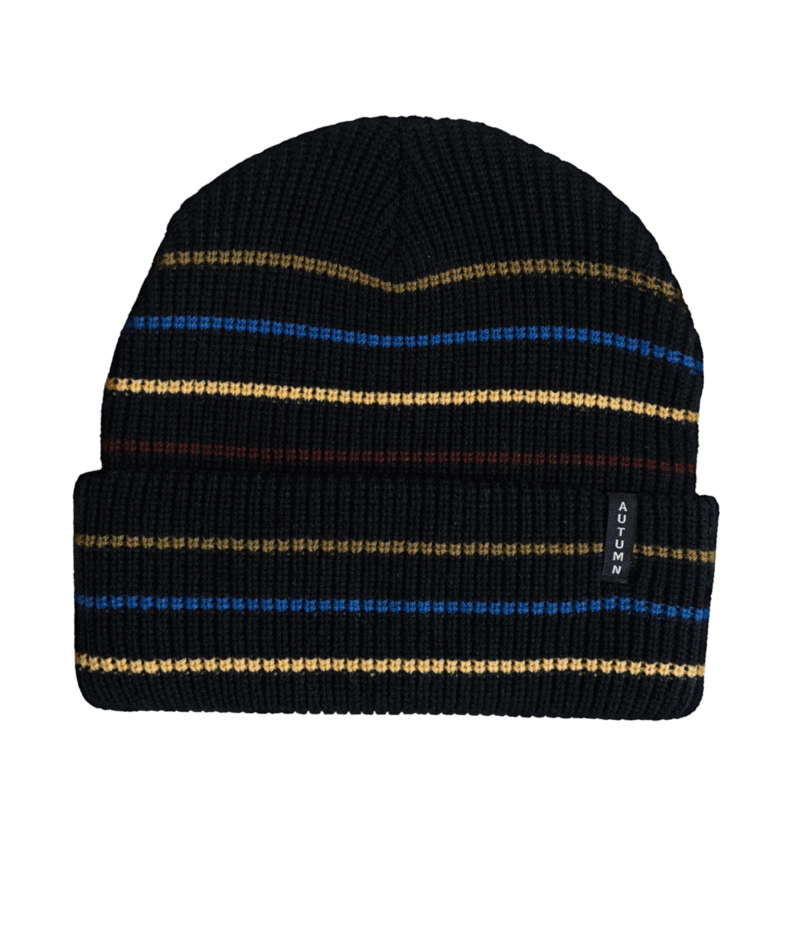 Autumn Multi Stripe Beanie worn by a person, featuring colorful horizontal stripes, suitable for men and women.