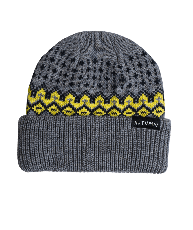 Autumn Fairisle Beanie for men and women featuring a cozy, patterned knit design in autumnal colors.