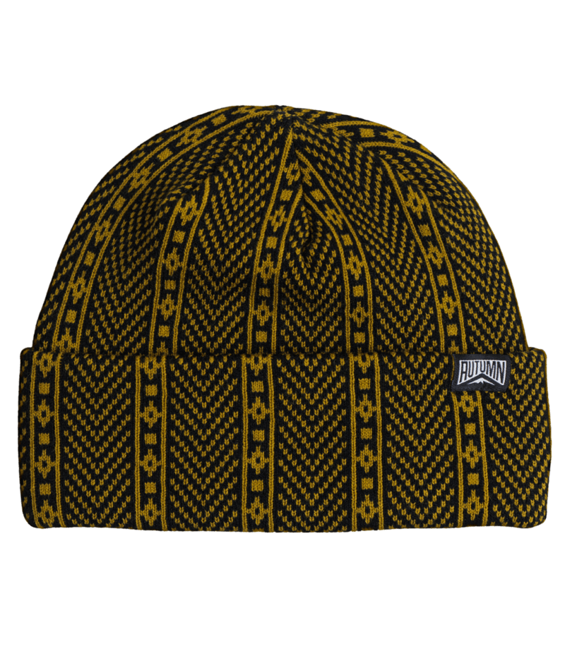 Autumn Heritage Beanie 2027 in warm knit, worn by a man and woman, showcasing cozy, stylish headwear for fall.
