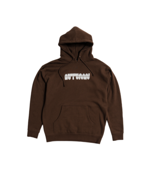 Autumn Soy Font Hooded Fleece in beige, unisex design with a large front pocket and adjustable drawstring hood.