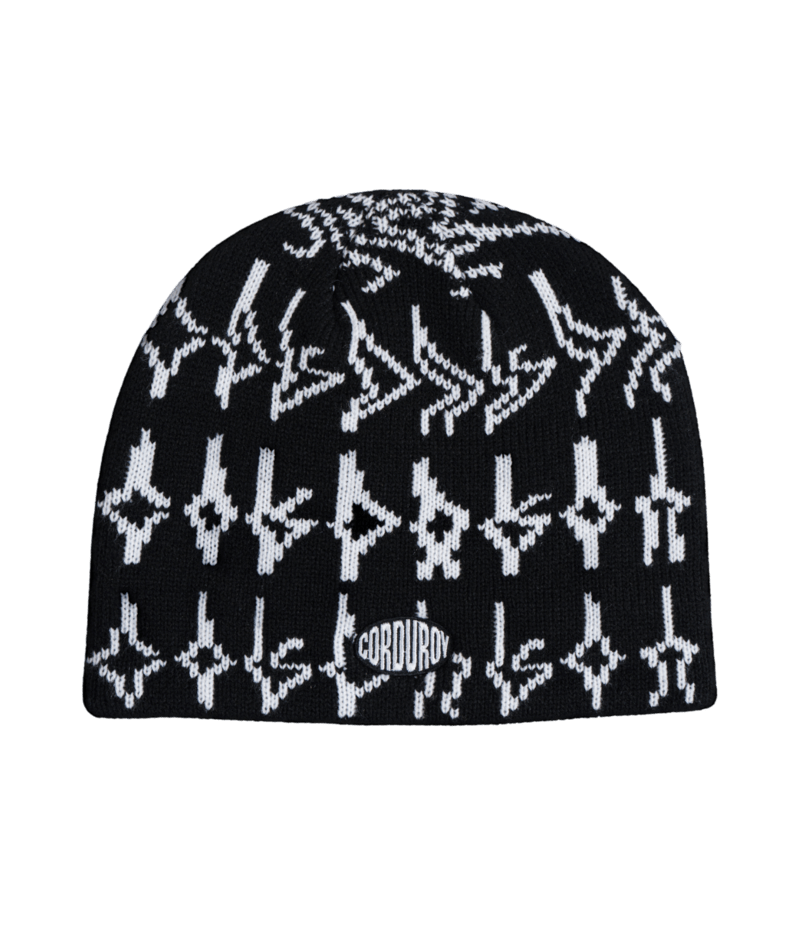Autumn Tracers Skully Beanie in black and white, unisex winter knit hat with skull pattern, suitable for men and women.