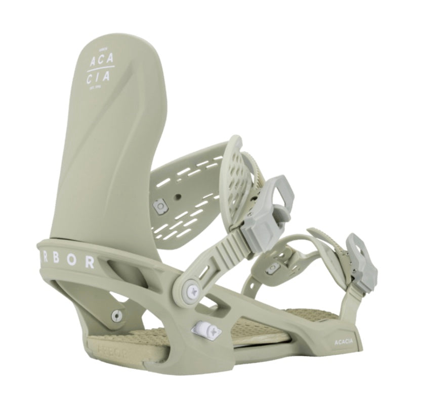 Arbor Acacia snowboard bindings, showcasing adjustable straps and high-back support for snowboarding.