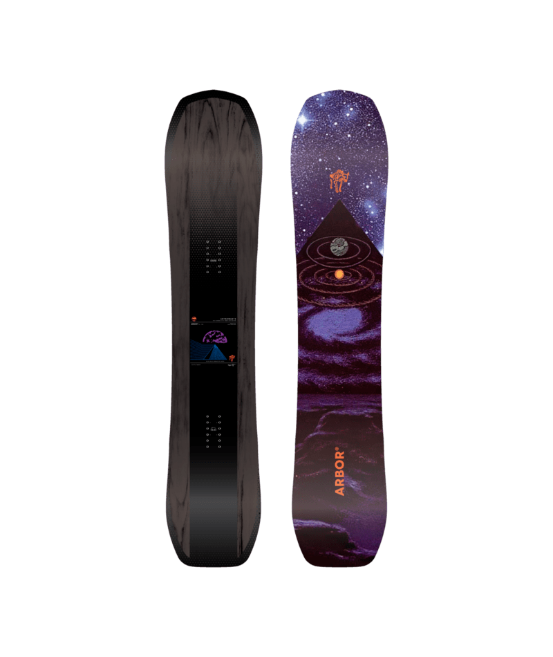 Arbor Astrowaste snowboard 2027 with colorful cosmic design, showing the snowboard's top view with vibrant graphics and branding.