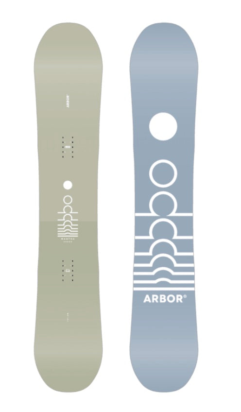 Arbor Mantra Decon Snowboard 2027 with a sleek black top sheet and colorful graphic design, ready for winter snowboarding adventures.
