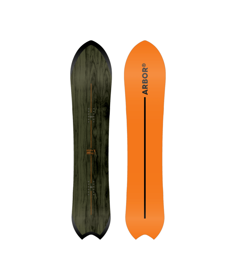Arbor Rooster Fish Snowboard 2027 with colorful graphic design, showcasing the snowboard's top surface and vibrant artwork.