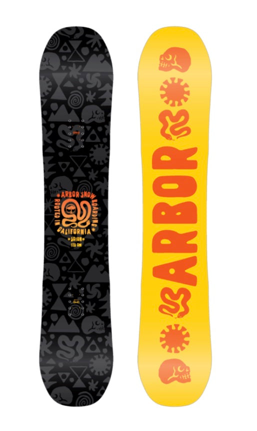 Arbor Scion snowboard on snow, showcasing the 2027 model with vibrant graphic design and sleek shape for winter snowboarding.
