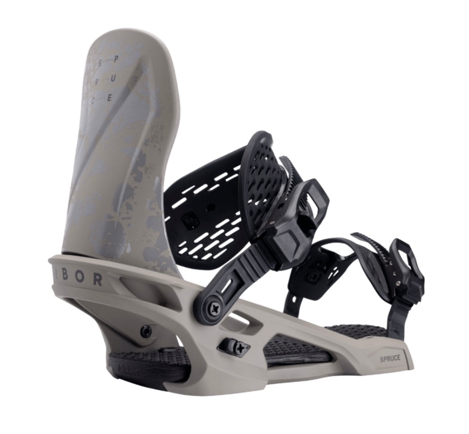 Arbor Spruce snowboard bindings in black with padded straps and high-back support, designed for snowboarding in winter conditions.