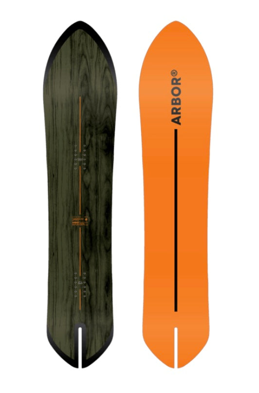 Arbor Terrapin PFD snowboard lying on snow with mountain landscape in the background, showcasing the 2027 model and vibrant design.