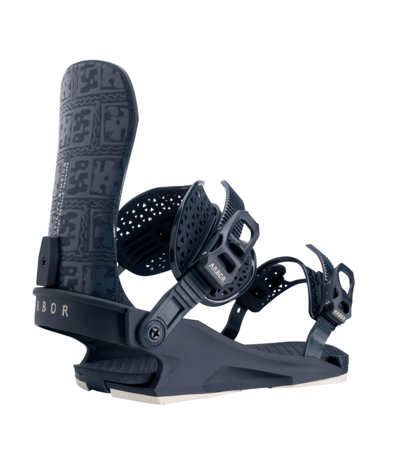 Arbor Utility Women's snowboard bindings in black and white with adjustable straps and high-back support for snowboarding.