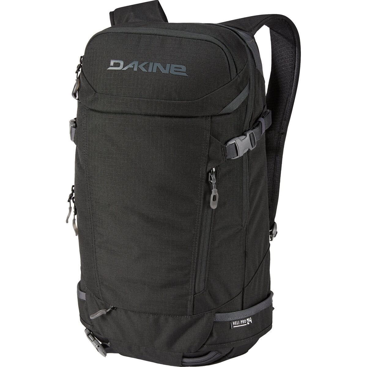 Men's Dakine Heli Pro 24L backpack in black, featuring multiple compartments and padded straps for comfortable daily use.