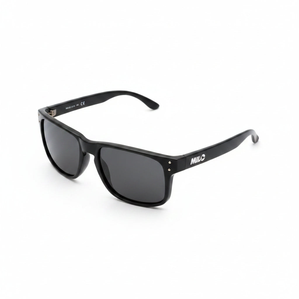Milosport 3300 polarized sunglasses with sleek black frames and tinted lenses, designed as stylish accessories for outdoor wear.