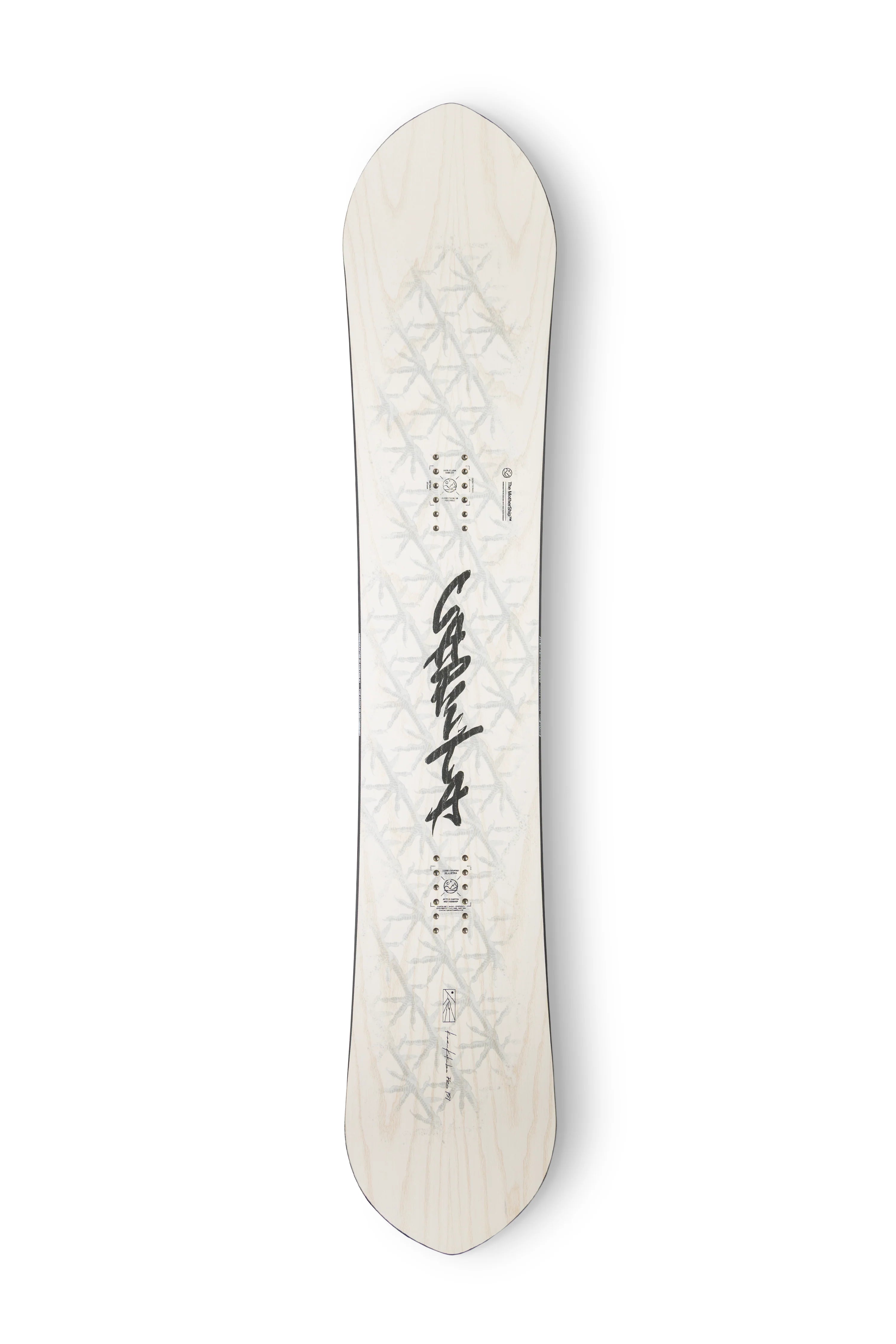 A top-down view of the 2027 Capita Kazu Kokobu Pro snowboard deck with a light natural wood grain finish, featuring a subtle geometric pattern and a prominent black stylized logo in the center.