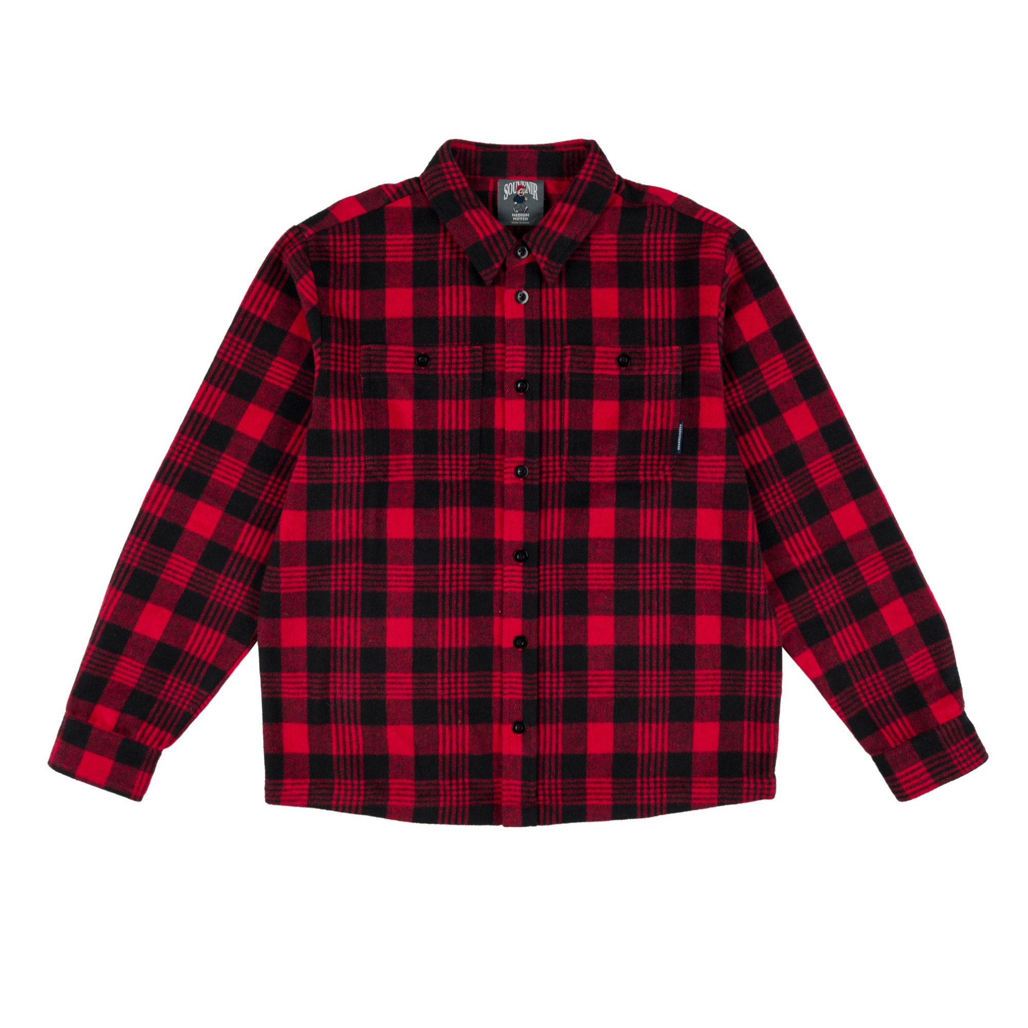 A red and black souvenir plaid long sleeve button up shirt with a pointed collar, black buttons, and two chest pockets, shown flat on a white background.