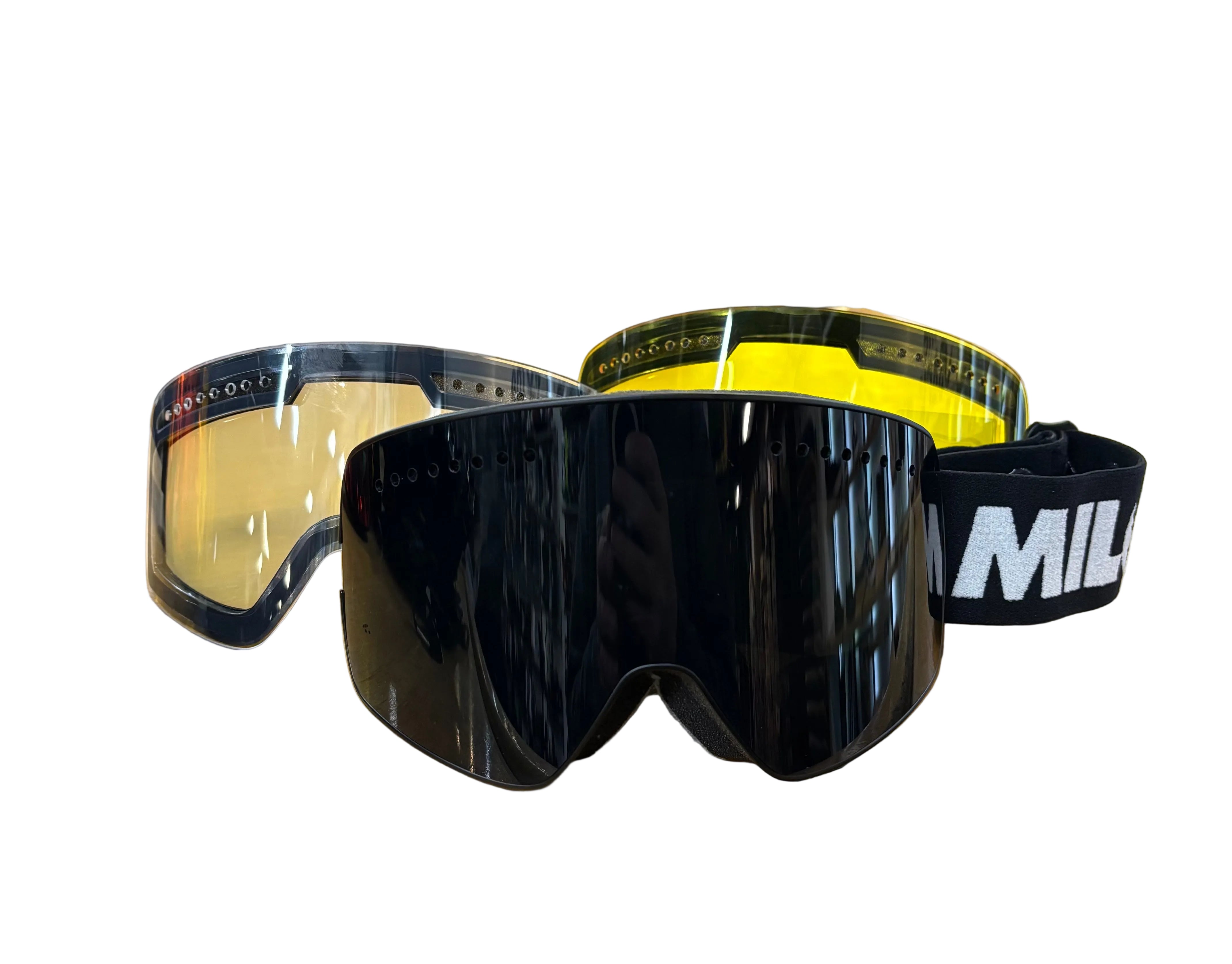 Milosport Varsity Goggle for snow sport, clear lens with blue and black frame, adjustable strap and ventilation for winter activities.
