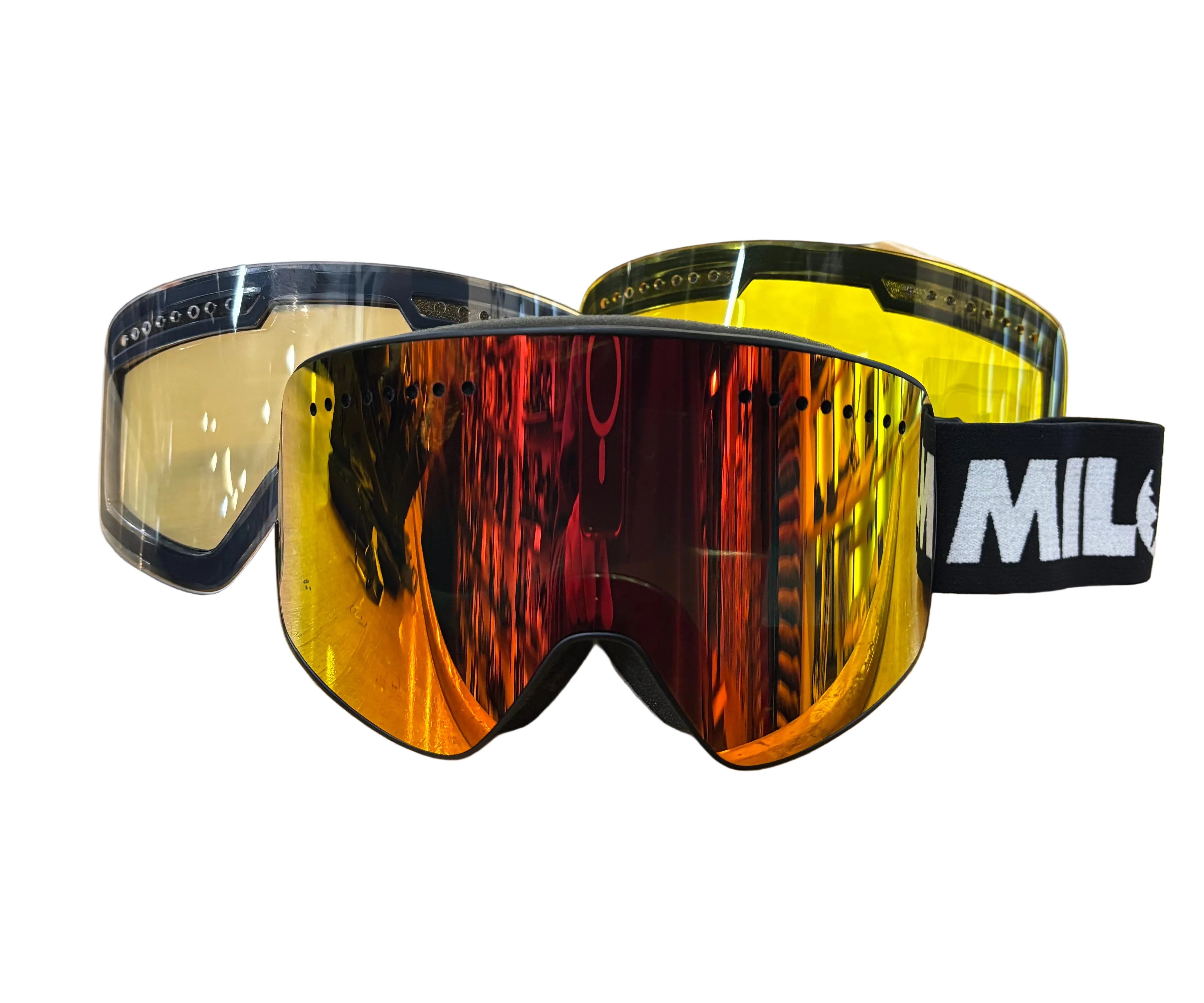 Milosport Varsity Snow Goggle with clear lens, adjustable strap, and blue frame for winter sports protection.