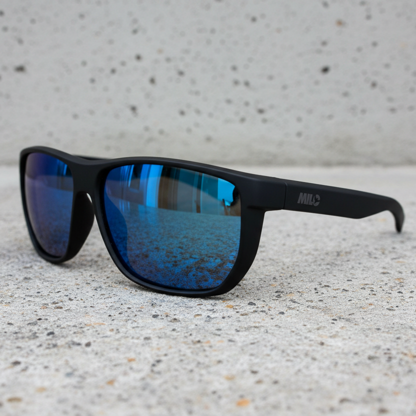 Black sunglasses with blue reflective lenses on a textured surface