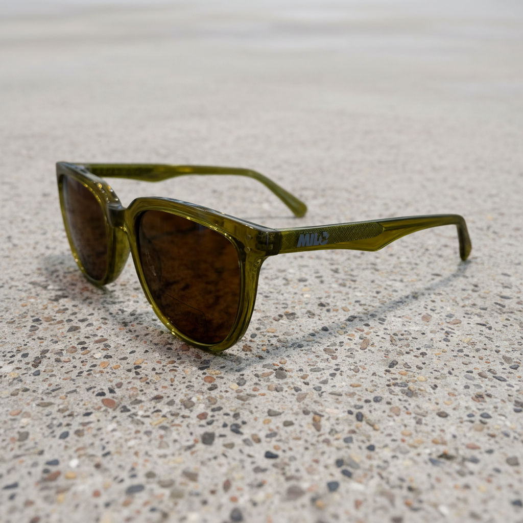 Sunglasses with green frame and dark lenses on a white background