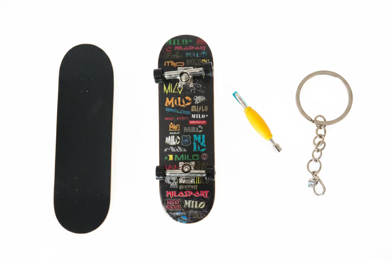Milosport Multi Logo Fingerboard accessory with multiple brand logos, compact and lightweight for easy grip and use.