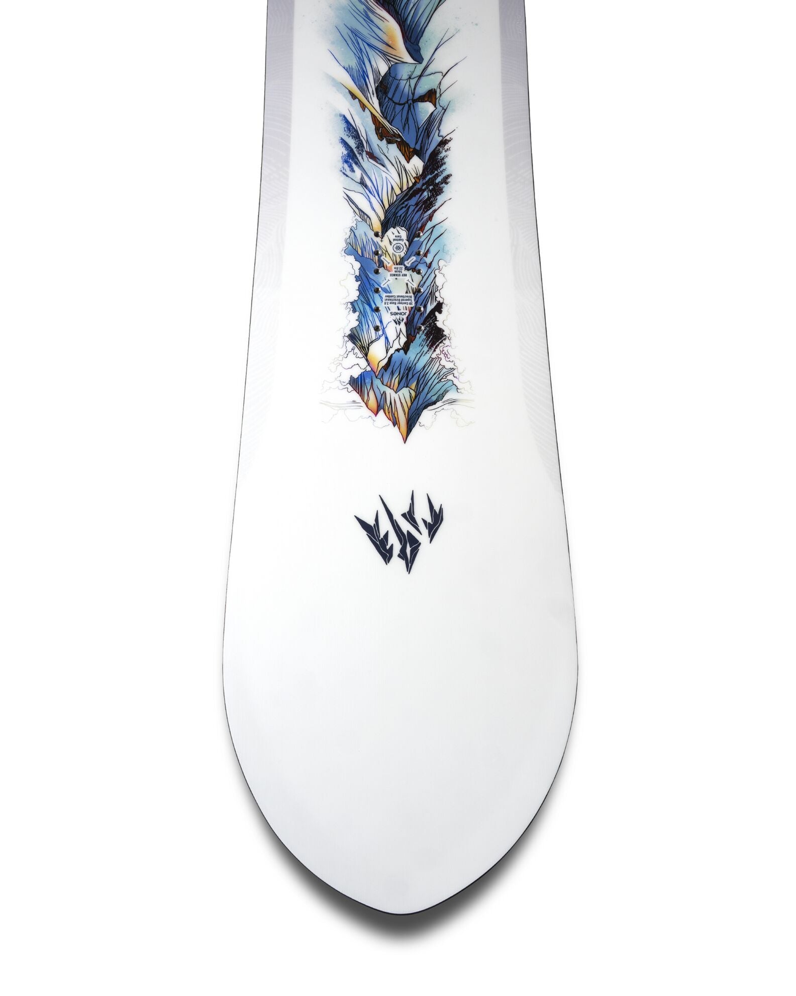 Jones Men's Frontier 2 snowboard top sheet showing the tip design and graphic in a close-up shot.