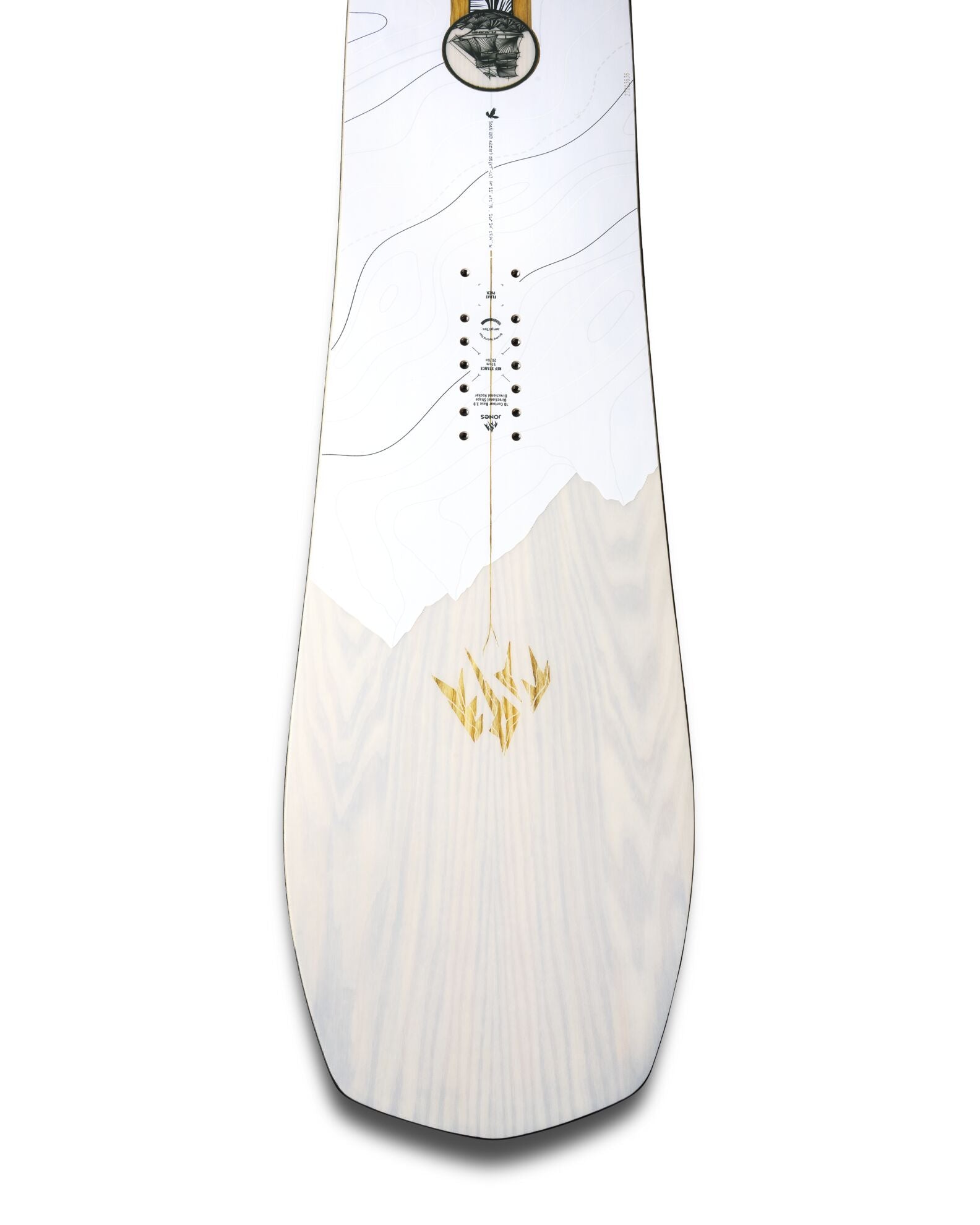 Jones Women's Flagship Snowboard 2027 nose shot showing the snowboard's design and shape for women’s all-mountain snowboarding.