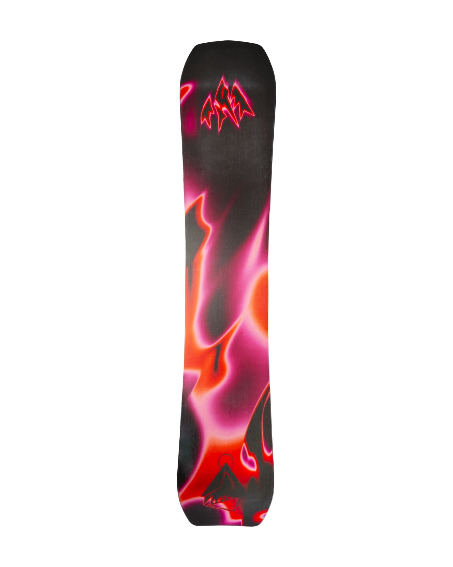 Jones Women's Howler snowboard 2027, full view showing the snowboard's design and graphics on a snow-covered background.