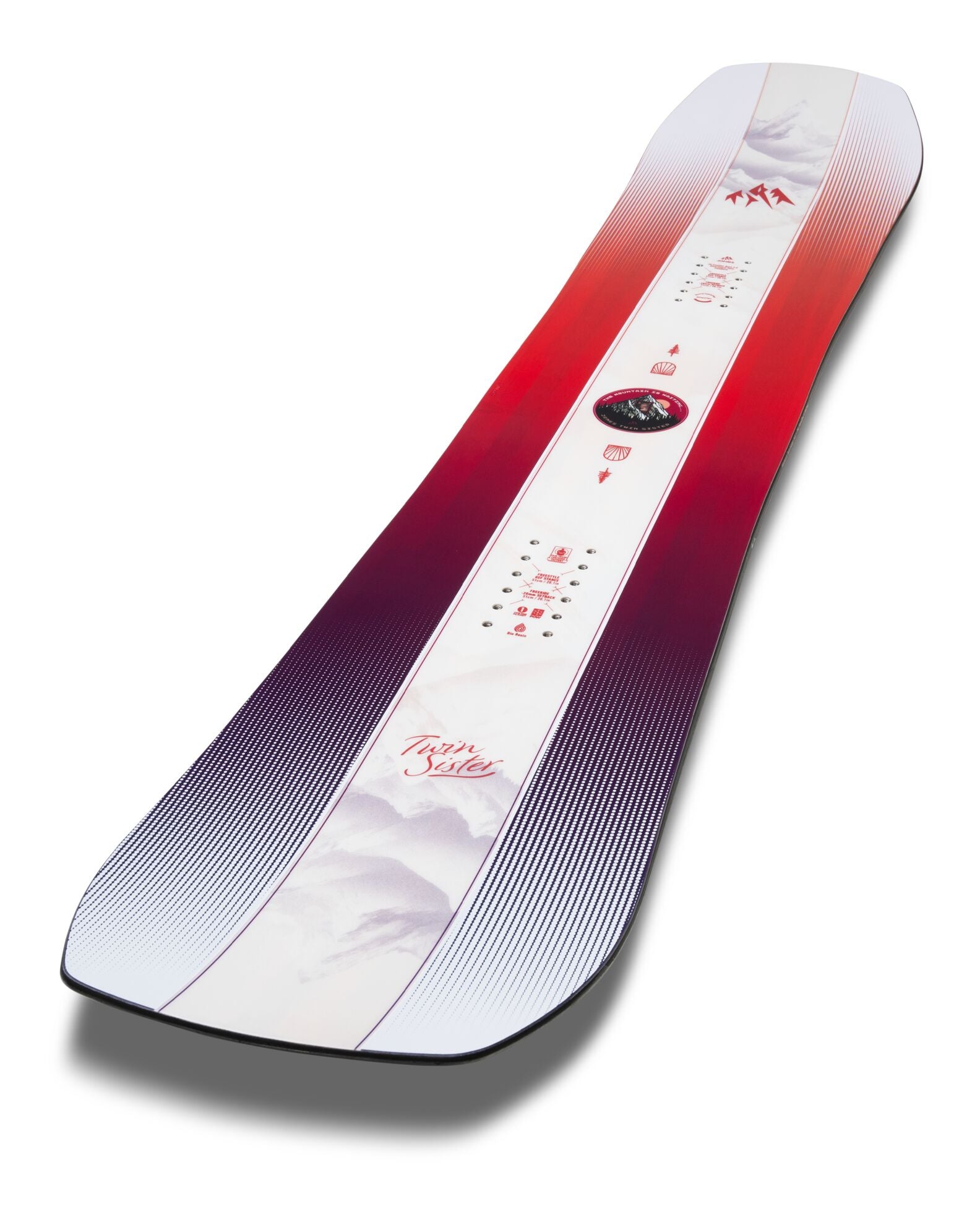 Jones Womens Twin Sister Snowboard 2027 shown from the side, featuring a sleek snowboarding design with bold graphics.