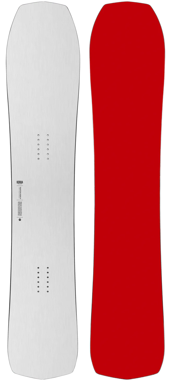 KORUA Transition Finder snowboard in snow showing its directional shape both top sheet and base