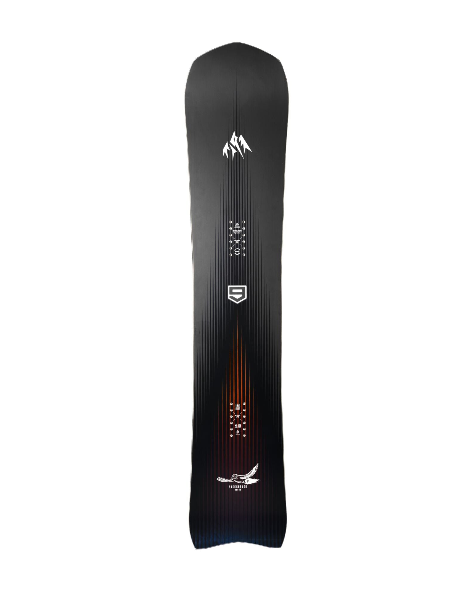 Jones Freecarver 9000 S snowboard on snow, showing the snowboard's design and branding in a natural outdoor setting.