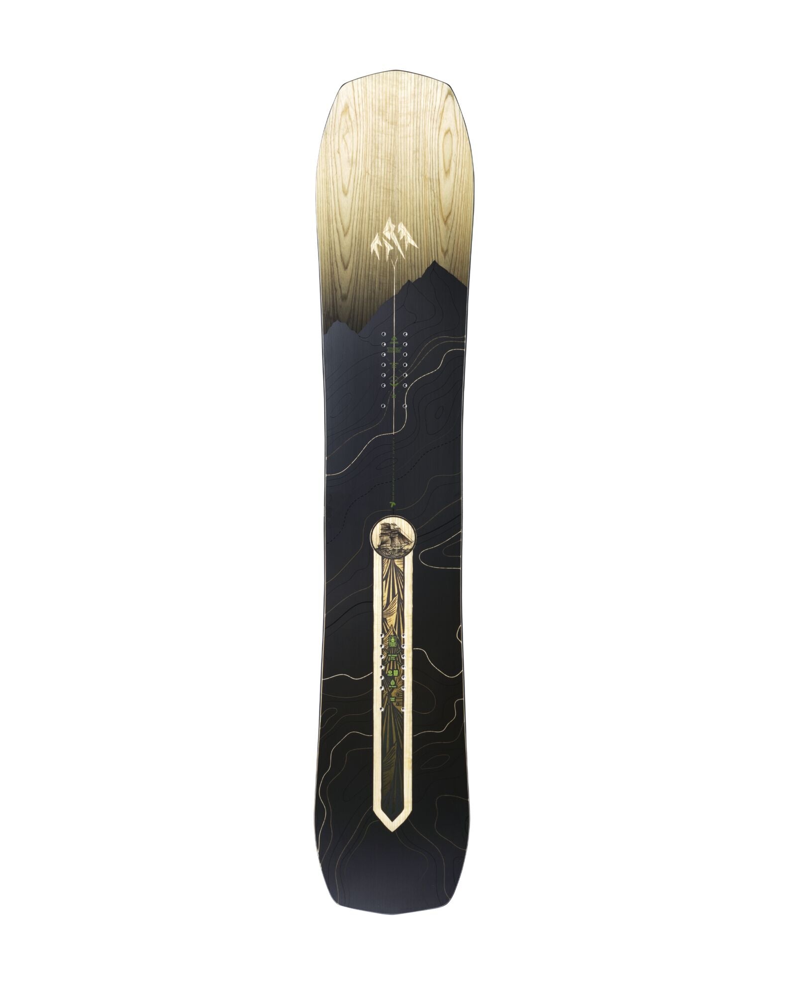 Jones Men’s Flagship Snowboard 2027, designed for snowboarding with a sleek black top and graphic details, shown from a side angle.
