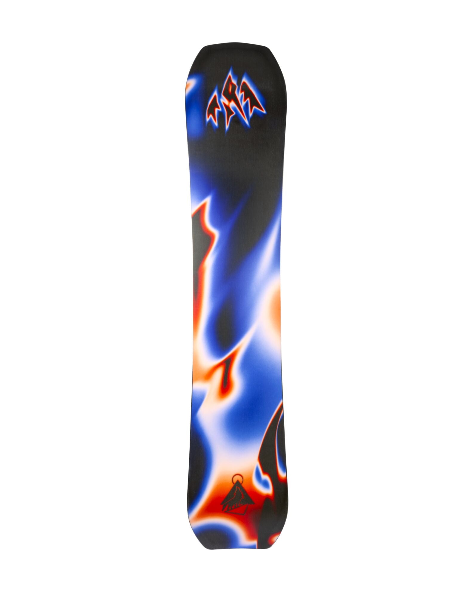 Jones men's Howler snowboard in snow, showcasing the board's design and graphics on a snowy background.