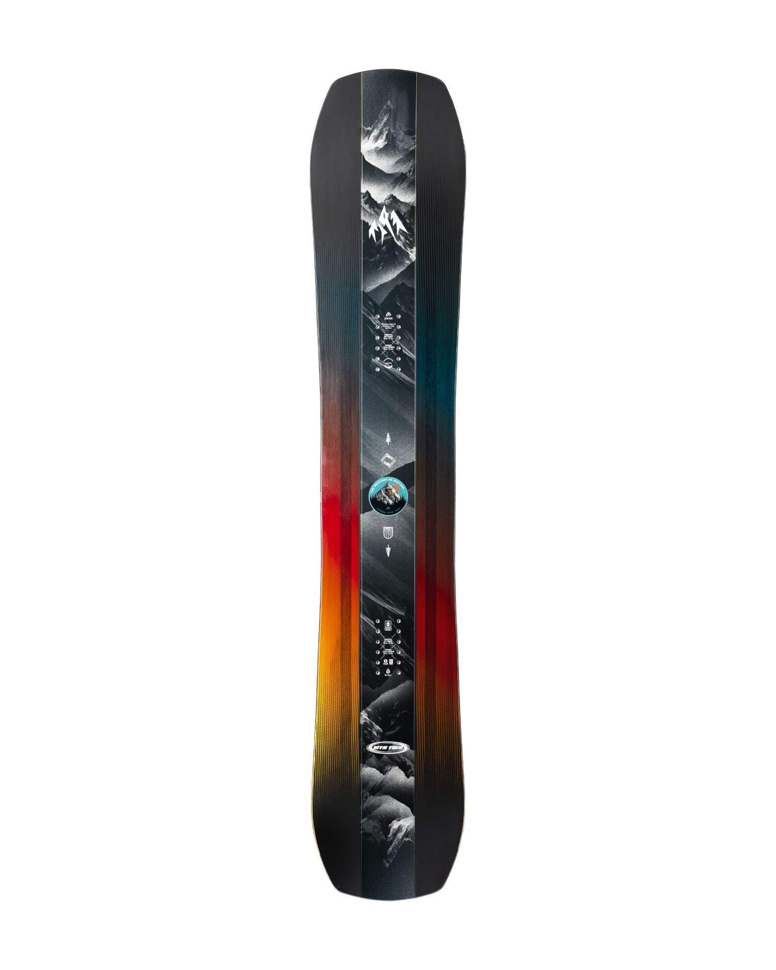 Jones men's Mountain Twin snowboard for 2027, showing the snowboard's top surface with branding and design details.