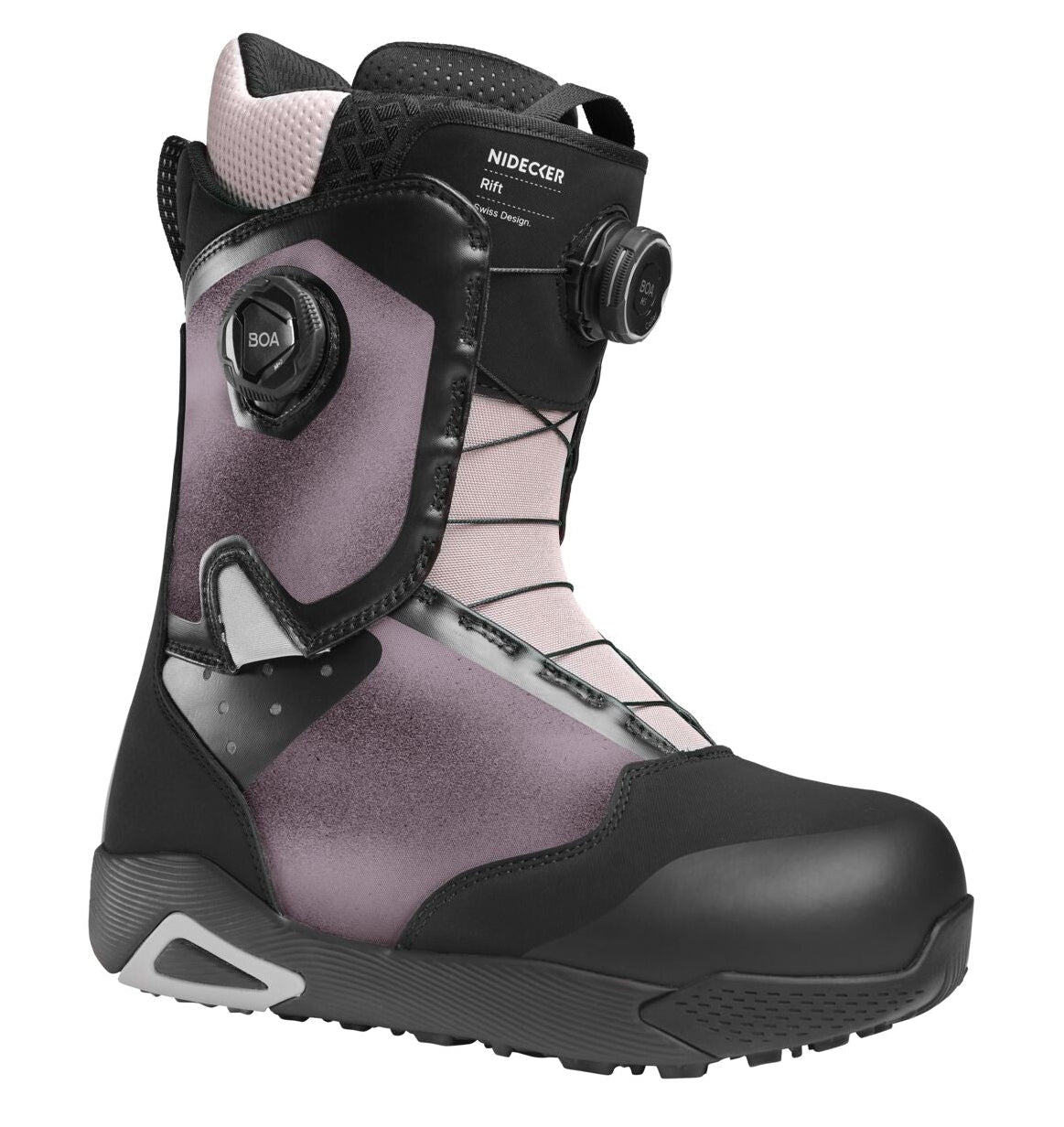 Nidecker Rift men's snowboard boots in ash color, showing the low-resolution side view with laces and branding details.