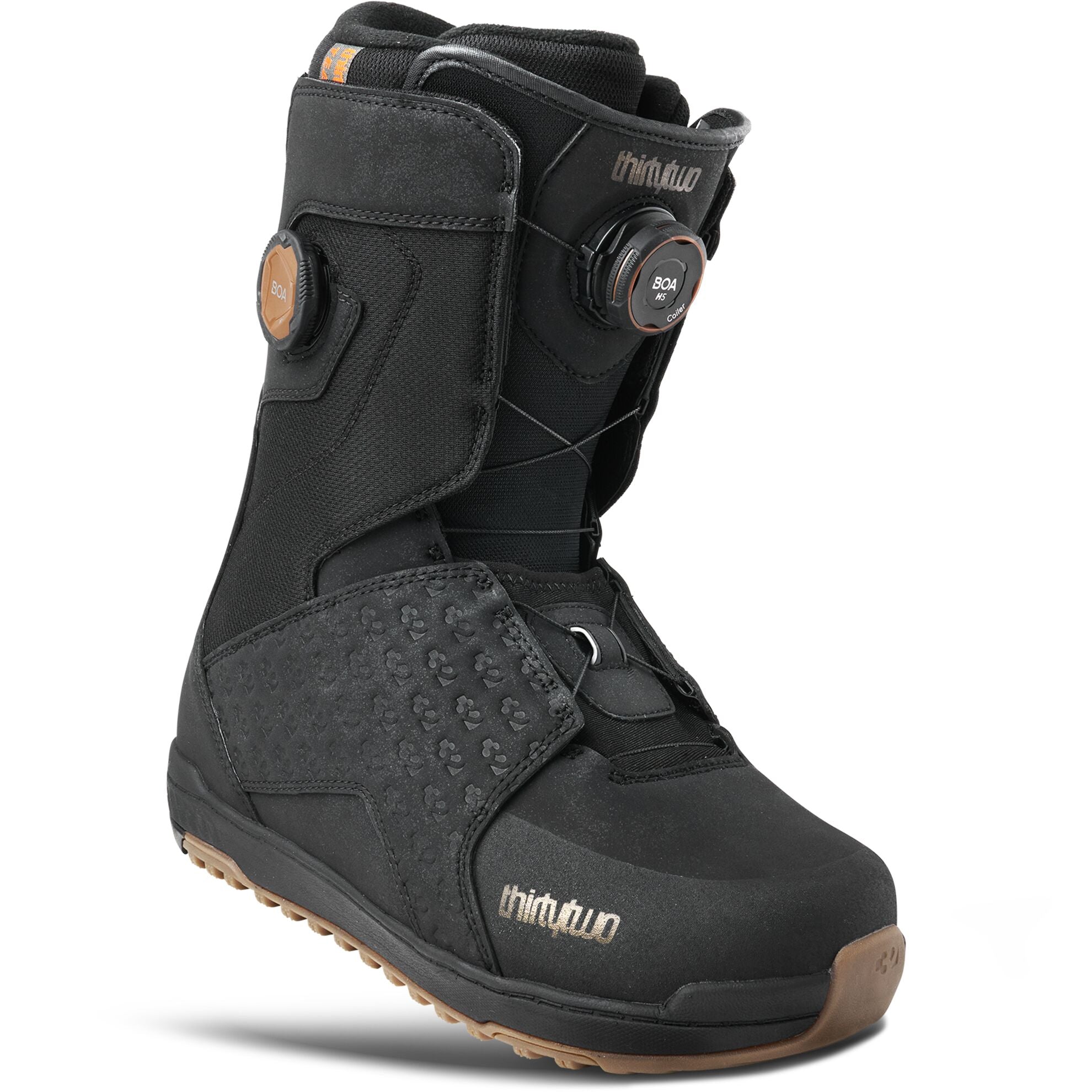 Thirty Two Lashed Double BOA Wide snowboarding boots in black with gum accents, designed for comfort and performance on the snow.
