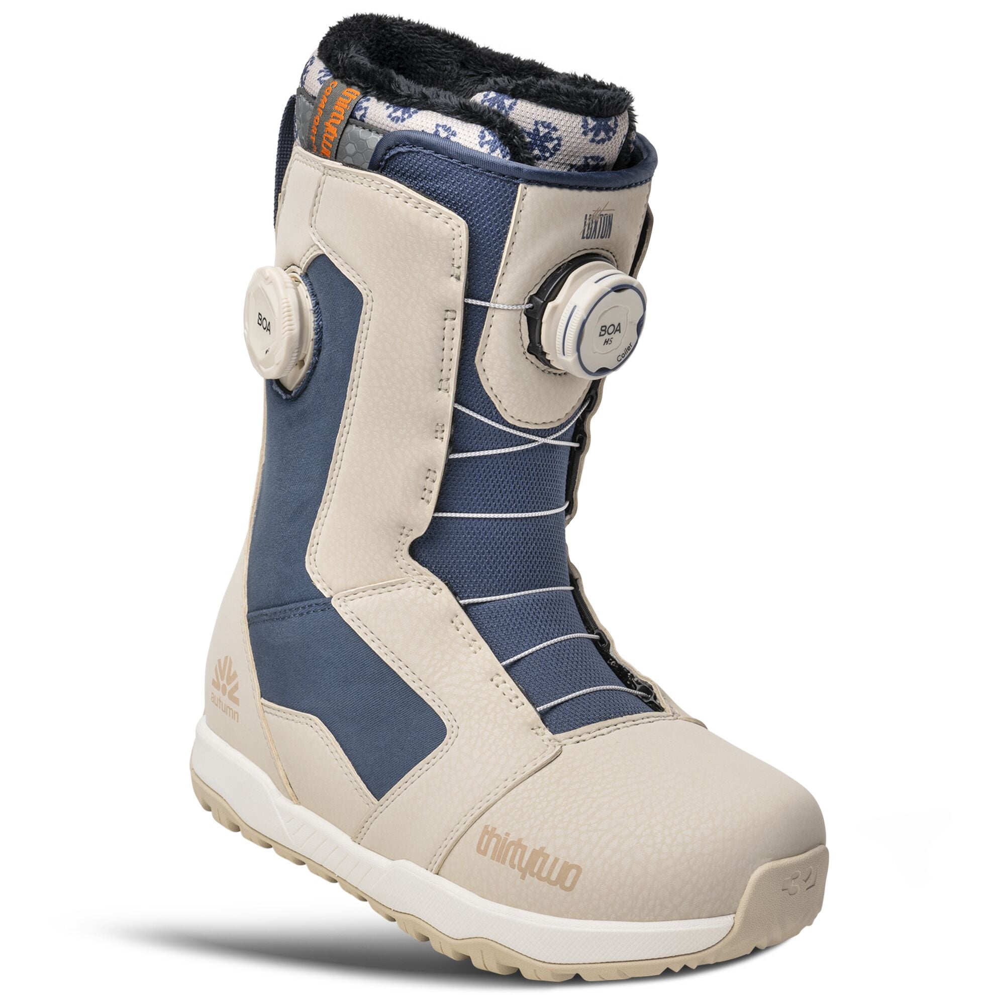Thirty Two STW Double BOA Luxton X Public women's snowboard boots in tan and blue, featuring snowboard boot design and branding.
