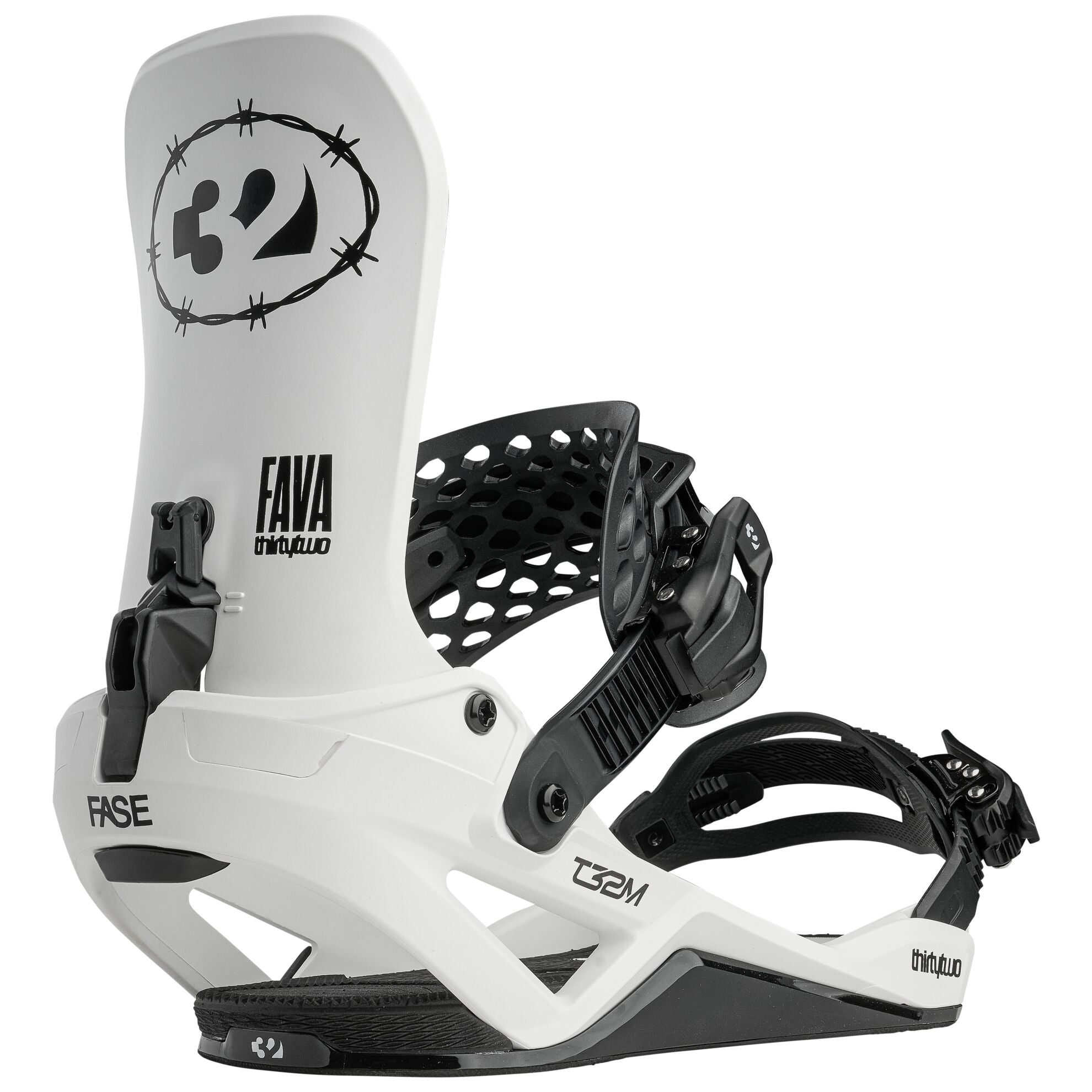 Thirty Two Team T32M Fase Pat Fava snowboard binding in white with adjustable straps, designed for snowboarding.